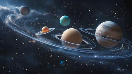 A mesmerizing 4D visual representation of celestial bodies in motion, set against a mysterious, dark black space galaxy background, created by generative ai