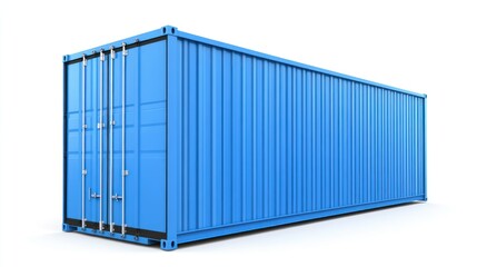 Isolated blue shipping container showcasing its ribbed design and sturdy locking mechanism on a seamless white backdrop ideal for logistics illustration