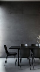 Contemporary dining room with sleek black furniture and a textured empty wall in matte gray