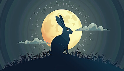 Rabbit silhouette with clouds around yellow moon for dreamlike illustrations, children's content, bedtime story visuals, and fantasy art projects
