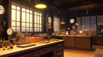 Vintage watchmaker workshop, city view, sunlight, work area, stock photo