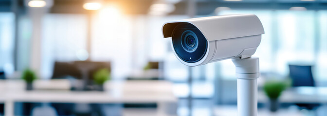 Modern security camera in office setting, providing surveillance and safety. sleek design and advanced technology enhance security measures in professional environment