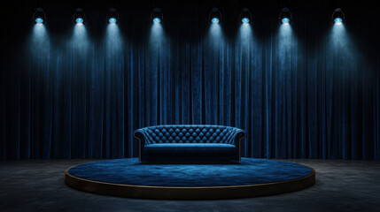 blue velvet sofa on circular stage with dramatic lighting and curtains creates inviting atmosphere for late night talk show