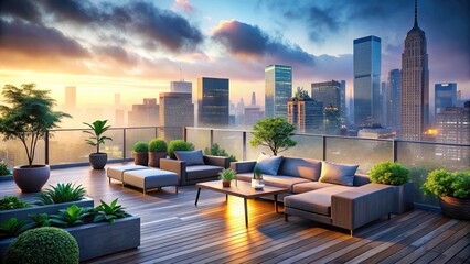 Fototapeta premium Urban Rooftop Oasis with Misty Cityscape - Serene Landscape, Modern Architecture, Urban Lifestyle, Atmospheric Perspective, City Vibes, Contemporary Design, Scenic Views, Peaceful Escape