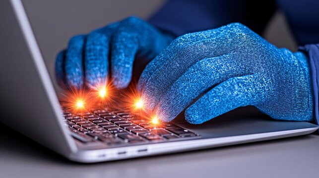cybersecurity alert: hacker with gloves typing on laptop