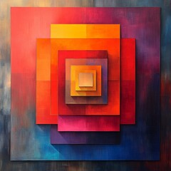 Abstract geometric composition showcasing vibrant layers of squares and rectangles in warm hues of red, orange, and yellow, emphasizing depth and balance