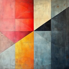 Obraz premium Abstract Geometric Composition with Colorful Triangles and Textures in a Modern Art Style Featuring Reds, Yellows, Blues and Grays on a Textured Canvas