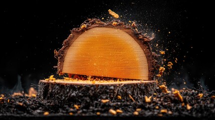 Wood slice exploding, sawdust, dark background, studio shot, advertisement