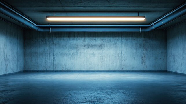 moody low angle shot of dimly lit corner in industrial space, featuring concrete walls and bright overhead light. atmosphere is calm and minimalist