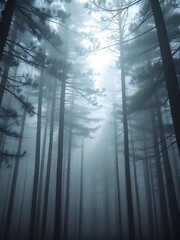 Obraz premium Mystical Forest with Dense Fog Rolling Between Tall Pine Trees, Light Peeking Through