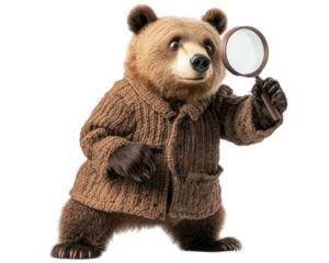 bear dressed as detective, holding magnifying glass, exudes curiosity and charm. This whimsical character is perfect for storytelling and playful themes