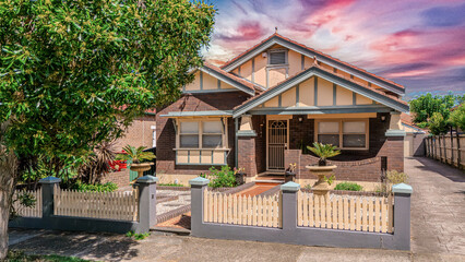 Old Restored Federation Suburban Sydney Double Brick with terrecotta Roof tiles timber window frames  in western Sydney  NSW Australia