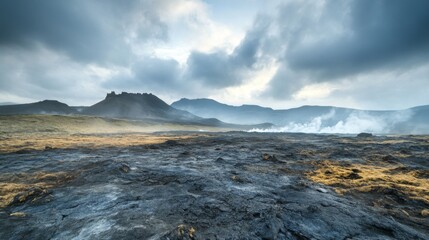 Fototapeta premium Volcanic landscape, Iceland, Cloudy sky