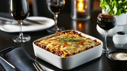 Delectable Traditional Italian Lasagna with Layers of Pasta, Rich Meat Sauce, and Melted Cheese on a Dining Table Setting