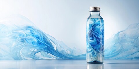 A Glass Bottle Filled with Swirling Blue Liquid Against an Abstract Background of Flowing Blue Hues