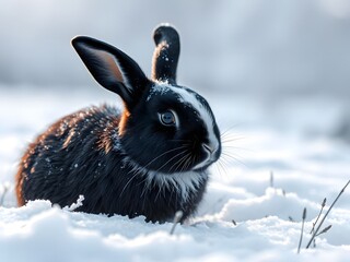  A Close Up of a Black and White Rabbit in a Snowy Landscape