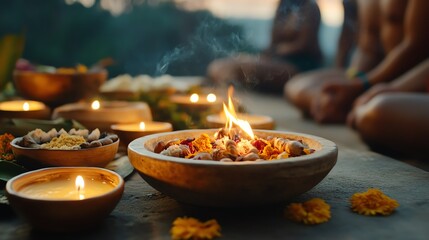 Obraz premium Intimate gathering around a firelit altar, candles casting golden hues, sacred customs, and deep spirituality