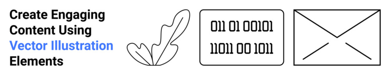 Feather with binary code block and envelope design for communication, creativity, and tech concepts. Ideal for writing, programming, email marketing, innovation, learning, remote work flat landing