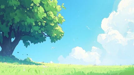 Summer Day Landscape with Green Tree and Sunny Sky