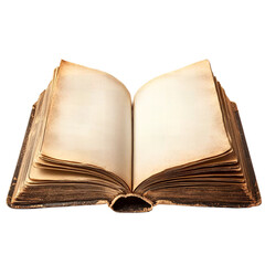 Antique open book with blank aged pages vintage leather bound isolated transparent background