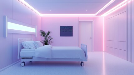 A modern, minimalist bedroom featuring soft pink lighting, a hospital bed, and sleek furniture, creating a calming and futuristic atmosphere.