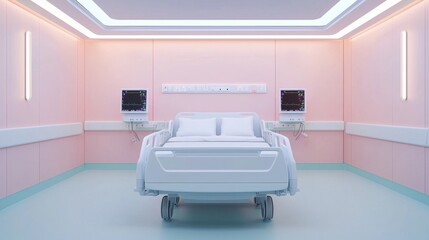 A clean, modern hospital room featuring a white bed, light pink walls, and advanced medical equipment on either side.