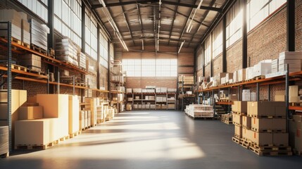 Warehouse interior with sunny daylight.  High-quality stock photo of storage