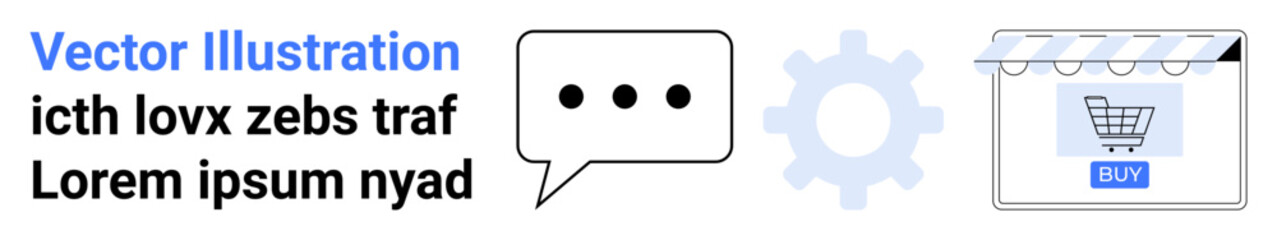 Chat bubble, gear, and storefront with shopping cart icon signaling communication, settings, and online shopping. Ideal for e-commerce, digital marketing, customer service, UI design website setup