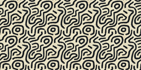 Abstract black and beige pattern with swirling lines and circles