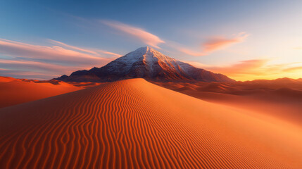 Naklejka premium stunning snow capped mountain rises majestically above golden sand dunes, showcasing breathtaking contrast between icy peaks and warm desert landscape at sunset