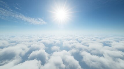 Fototapeta premium Sun shining brightly above a vast sea of fluffy white clouds under a clear blue sky. Tranquil aerial view of nature and freedom concept