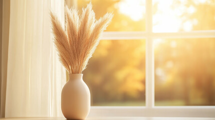 vase with dried pampas grass on table, illuminated by warm sunlight. soft glow creates serene atmosphere, enhancing natural beauty of arrangement