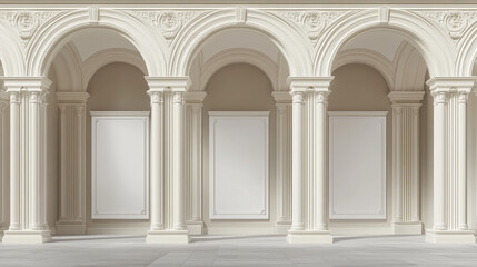 Fototapeta premium Arches with columns and illuminated blank signboards in wall, rectangular interior gates with white pillars and empty banners in art gallery or museum, archway frames, Realistic 3d vector mock up