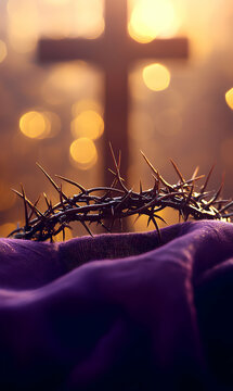 Crown of thorns resting on purple fabric with a blurred cross background display