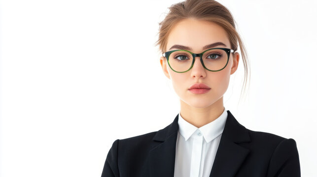 young woman with glasses wearing black suit and white shirt, exuding confidence and professionalism