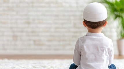 Young boy praying, home interior, peaceful background, religious practice