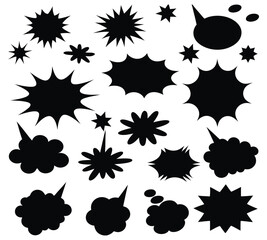 Comic burst explosion vector, comic boom elements, and speech bubbles in black silhouettes. Ideal for comic designs, pop art, and retro style illustrations