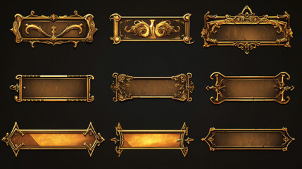 Medieval buttons, ui game menu elements, gold oblong banners with decorated ornate rims. Empty royal gui bars for rpg or arcade, golden borders, web design interface Cartoon 2d vector illustration set