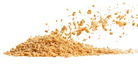 Crumbs explosion, pile of biscuit crumbs isolated on white background.