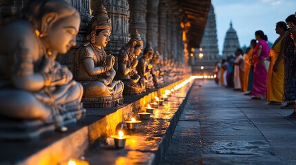 A row of people in traditional attire lighting prayer candles in an ancient temple