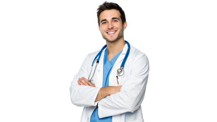 Fototapeta premium Portrait of a smiling, handsome young male doctor, standing confidently with arms crossed. He is wearing a professional medical uniform with a stethoscope draped naturally around his neck. PNG file
