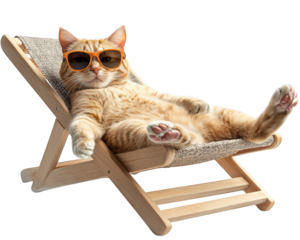 cat lounging on beach chair wearing sunglasses, enjoying sunny day. This relaxed feline exudes carefree vibe, perfect for summer vibes and leisure moments