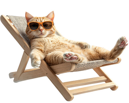 cat lounging on beach chair wearing sunglasses, enjoying sunny day. This relaxed feline exudes carefree vibe, perfect for summer vibes and leisure moments