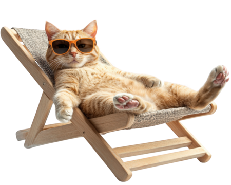 cat lounging on beach chair wearing sunglasses, enjoying sunny day. This relaxed feline exudes carefree vibe, perfect for summer vibes and leisure moments