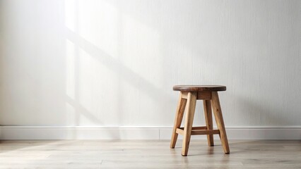 Wooden Stool Against a White Wall - Minimalist Interior Decor, Rustic Furniture, Home Aesthetics, Contemporary Design, Natural Materials, Stylish Simplicity, Cozy Ambiance, Versatile Decor