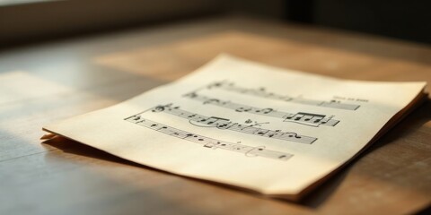 A sunlit sheet of musical notation rests gently on a wooden surface, conveying a sense of calm and musical inspiration.