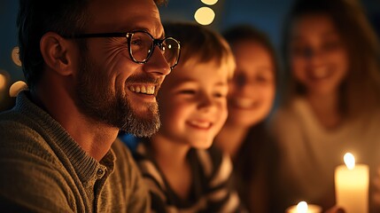 Fototapeta premium A joyful group of friends and family holding candles, creating a serene and festive atmosphere, embracing traditions