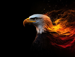 Majestic eagle with fiery mane against black background, symbolizing strength and freedom. vibrant colors create dynamic and powerful visual impact