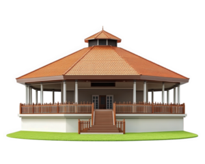 traditional pavilion with circular design and red tiled roof, surrounded by wooden railing and steps leading to entrance, set on grassy area