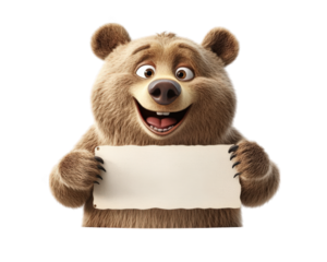 cheerful bear holding blank sign, showcasing friendly expression and fluffy fur. This playful character is perfect for conveying joy and humor